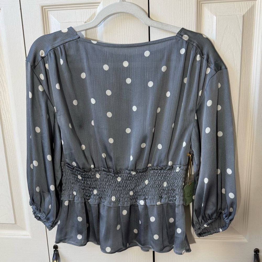 Ryegrass Gray White Polka Dot Smocked Waist Blouse Womens Size Small
